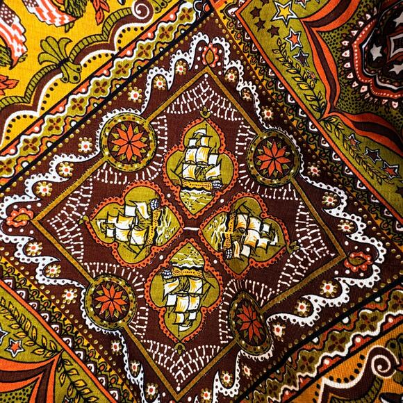 Vintage 1970s 86" Round Tablecloth Patriotic Americana Print Ships Eagles Autumn - Picture 5 of 9